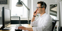 Customer service rep working remotely from home.