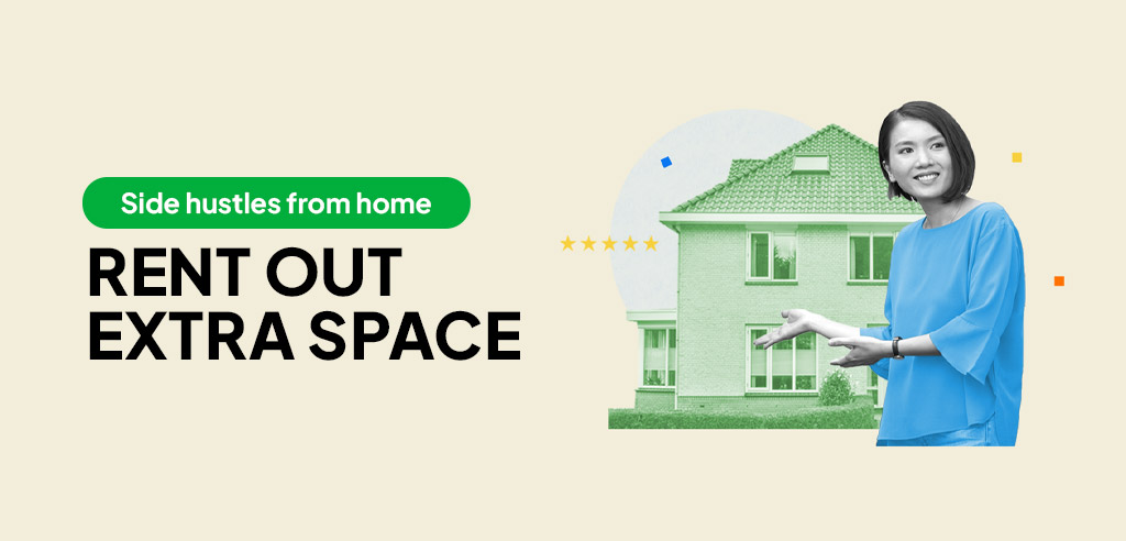 Woman gesturing at her house indicating that there are rooms for rent inside