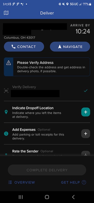 Roadie order dropoff screen.