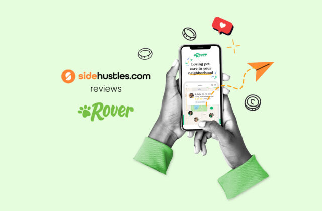 Two hands holding a smartphone displaying available jobs in the Rover app