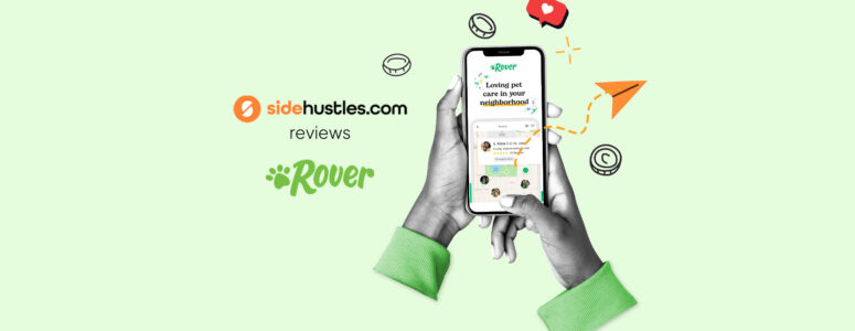Two hands holding a smartphone displaying available jobs in the Rover app