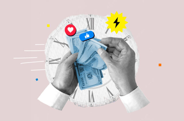 Money against a background showing a clock representing same-day pay jobs.