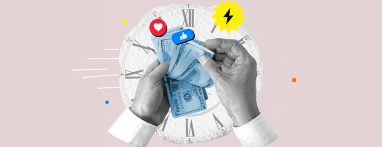 Money against a background showing a clock representing same-day pay jobs.