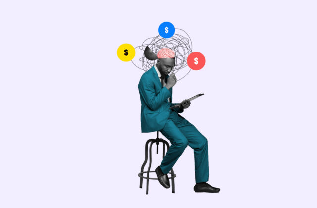 Worried man sitting on a stool with his head surrounded by a cloud of dollar-sign icons representing his scarcity money mindset