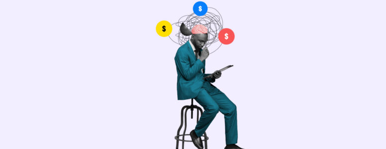 Worried man sitting on a stool with his head surrounded by a cloud of dollar-sign icons representing his scarcity money mindset