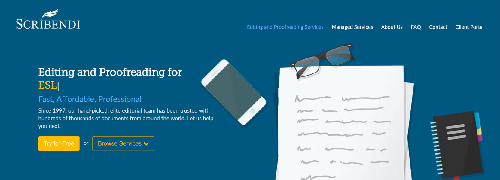 Screenshot of the Scribendi home page