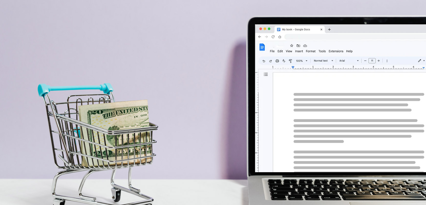Laptop next to a miniature shopping card with a twenty-dollar bill in it