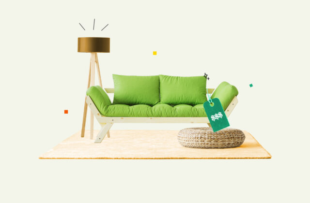 Couch with a price tag on it waiting to be sold as part of a furniture-selling side hustle.