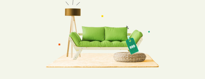 Couch with a price tag on it waiting to be sold as part of a furniture-selling side hustle.