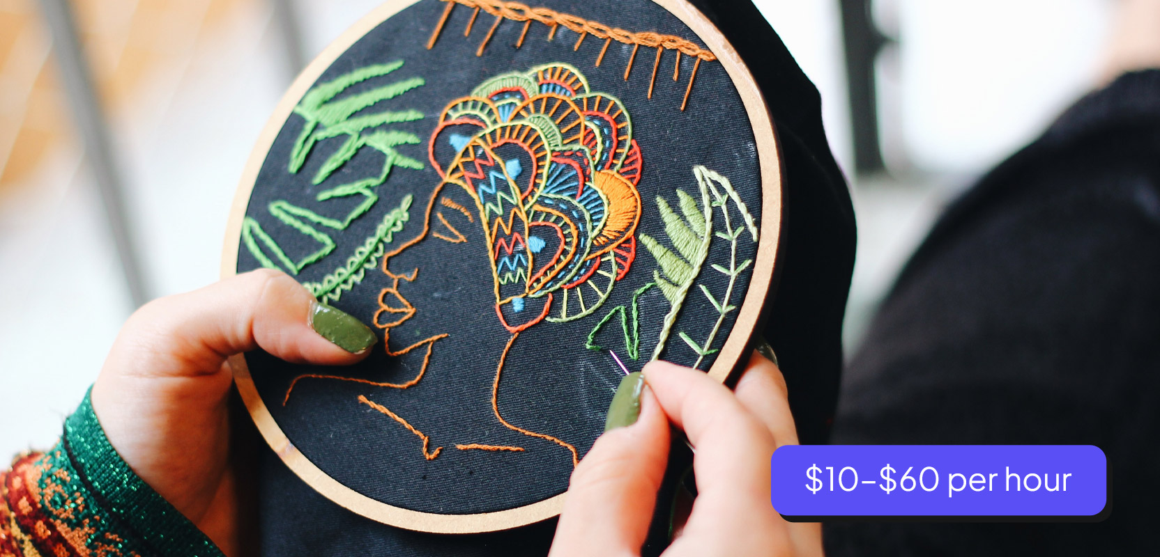 Embroidery piece being worked on for sale as part of a side hustle