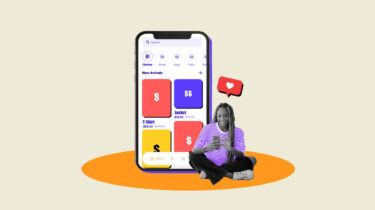 Woman sitting in front of a smartphone displaying several icons on a selling app.