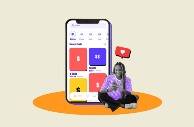 Woman sitting in front of a smartphone displaying several icons on a selling app.