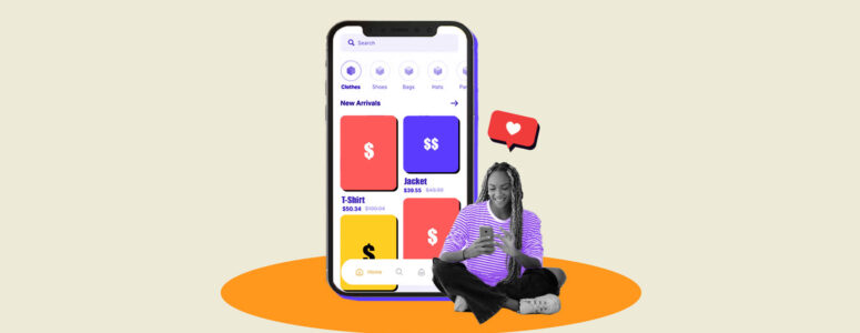 Woman sitting in front of a smartphone displaying several icons on a selling app.
