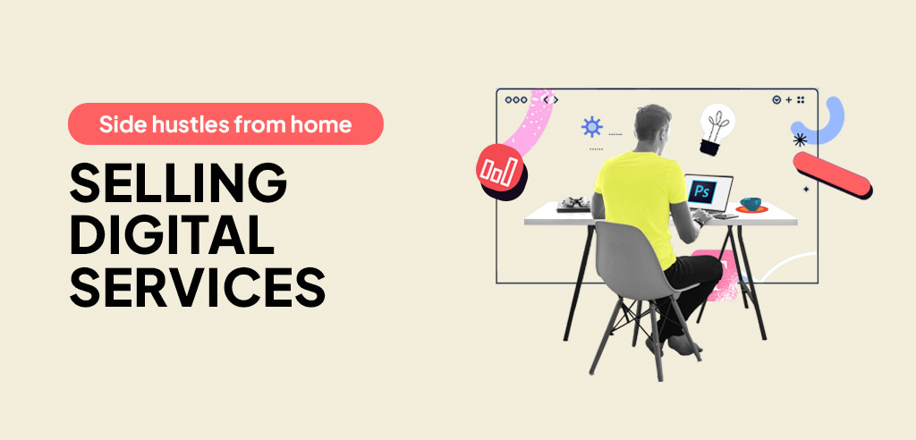 Man sitting at home and working on a digital service side hustle on his laptop