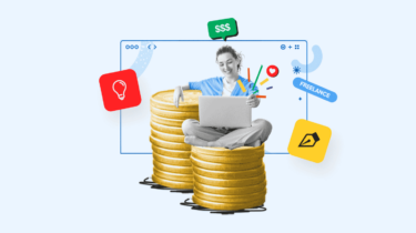 Woman sitting on a pile of coins and working on a laptop surrounded by icons representing different side hustle ideas