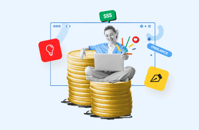 Woman sitting on a pile of coins and working on a laptop surrounded by icons representing different side hustle ideas