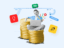 Woman sitting on a pile of coins and working on a laptop surrounded by icons representing different side hustle ideas
