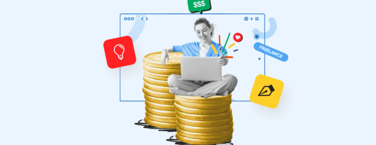 Woman sitting on a pile of coins and working on a laptop surrounded by icons representing different side hustle ideas
