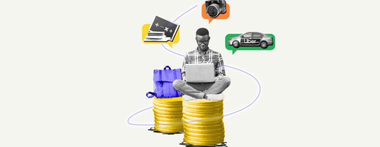 College student sitting on a pile of money exploring side hustles on their laptop
