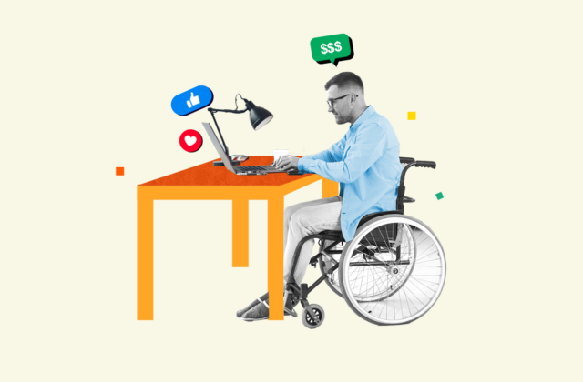 Man in a wheelchair sitting at a desk working on a side hustle