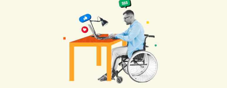 Man in a wheelchair sitting at a desk working on a side hustle