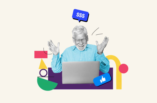 Senior citizen sitting at laptop working on his side hustle