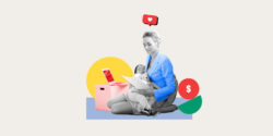 Single mom balancing her child in her lap and working on a side hustle on her laptop
