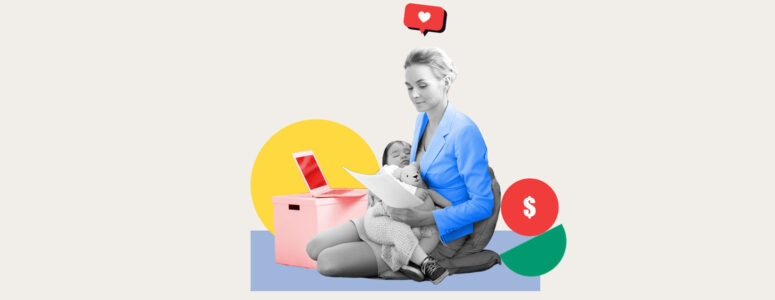 Single mom balancing her child in her lap and working on a side hustle on her laptop
