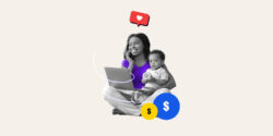 Stay-at-home mom working on a side hustle while holding her child