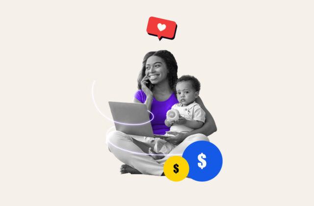 Stay-at-home mom working on a side hustle while holding her child