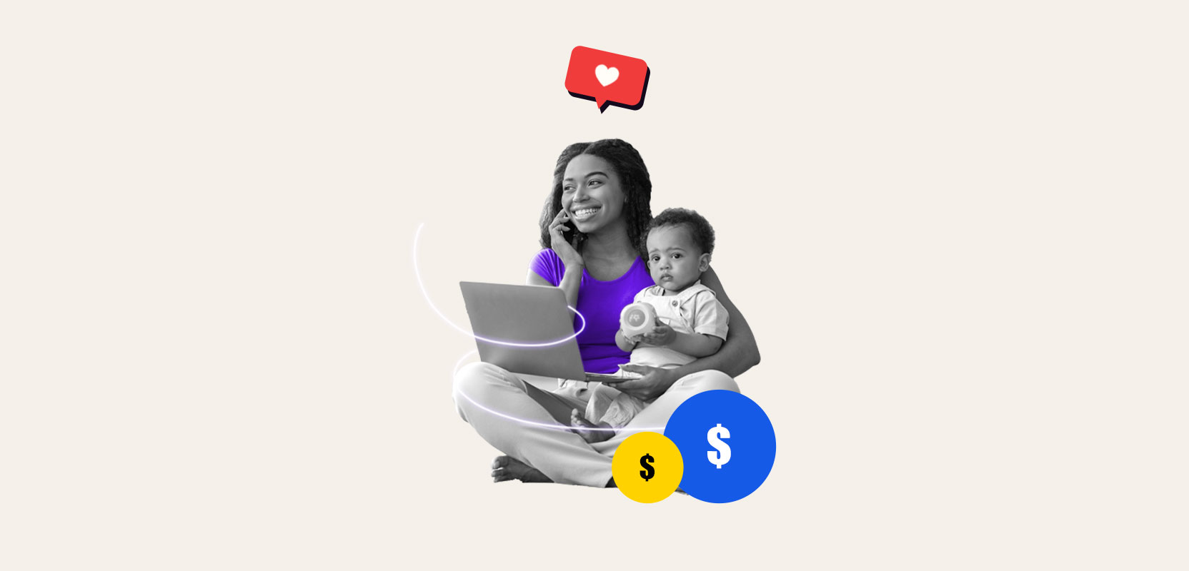 Stay-at-home mom working on a side hustle while holding her child