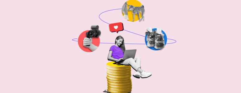 Teenager sitting on stack of coins surrounded by icons representing side hustles for teens