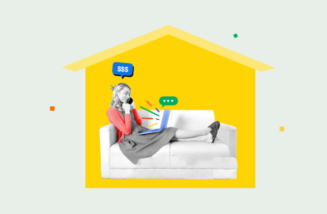 Woman sitting in her house working on a side hustle that can be done from home.