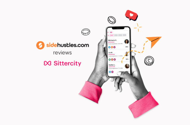 Two hands holding a smartphone displaying available jobs in the Sittercity app