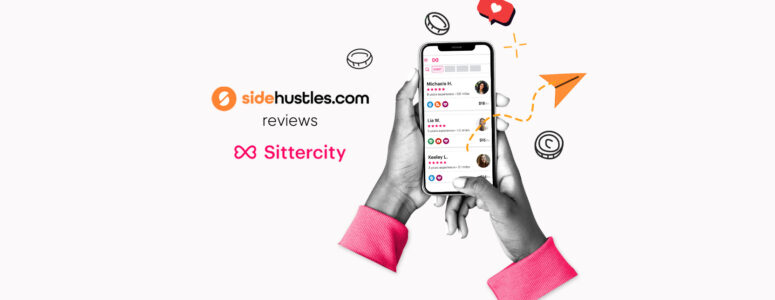 Two hands holding a smartphone displaying available jobs in the Sittercity app
