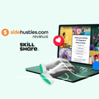 Two hands typing on a laptop that is opened to the homepage of the Skillshare website