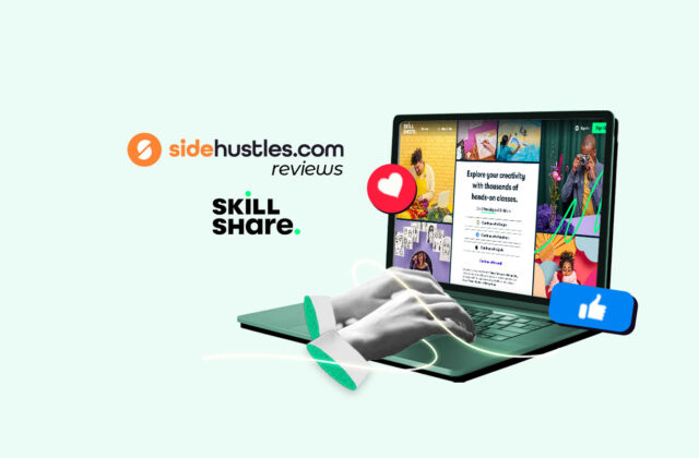 Two hands typing on a laptop that is opened to the homepage of the Skillshare website