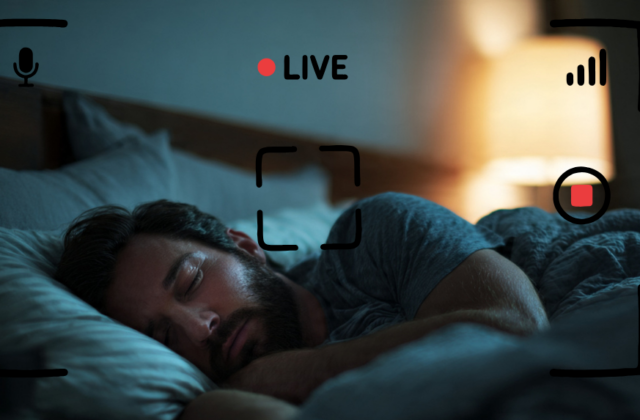 A man sleeping in a dimly lit bedroom, seen through a digital camera interface overlay with a red "LIVE" indicator and recording icons.