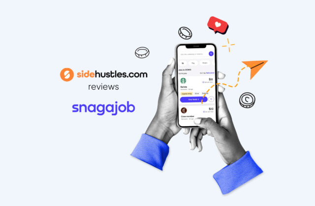 Job seeker holding a mobile phone displaying the Snagajob app for finding jobs