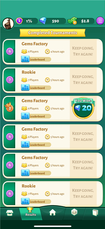 The Cash Solitaire account history screen.