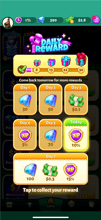 Daily Rewards available on the Solitaire Cash card game app.