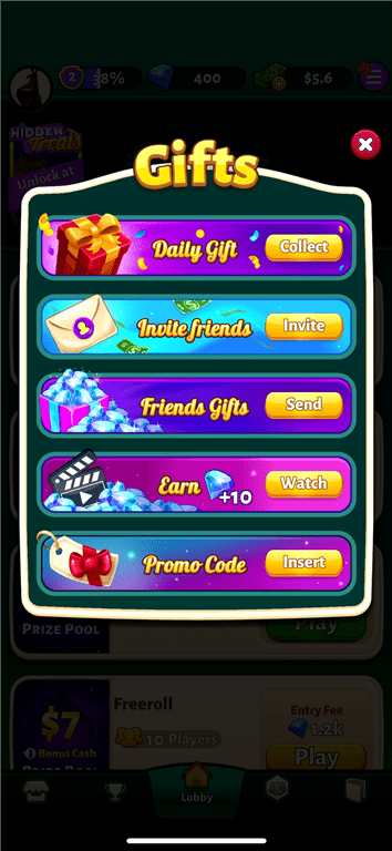 Viewing the Solitaire Cash Gifts menu.