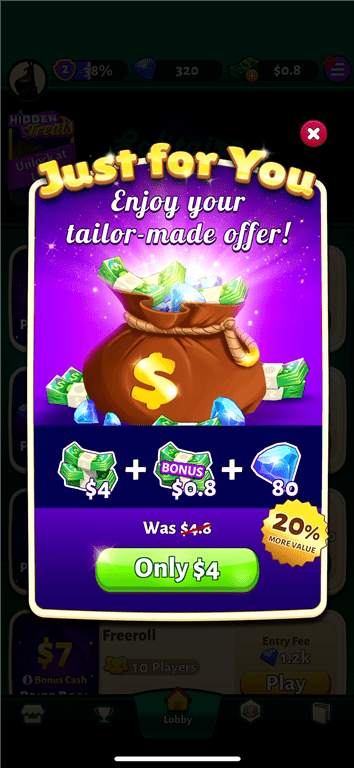 Credit purchase special offer in the Solitaire Cash card game app.