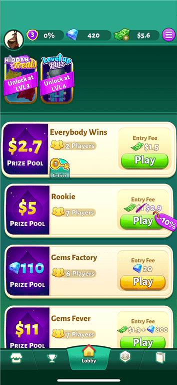 Tournaments available on the Solitaire Cash card game app.