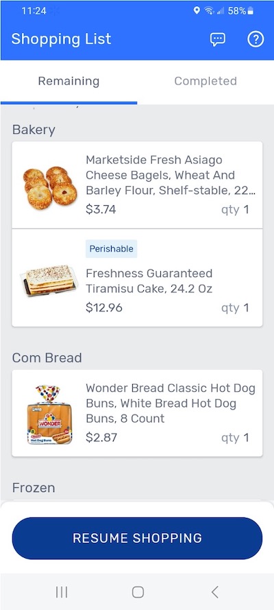 The locations of various goods in the Walmart Spark app.