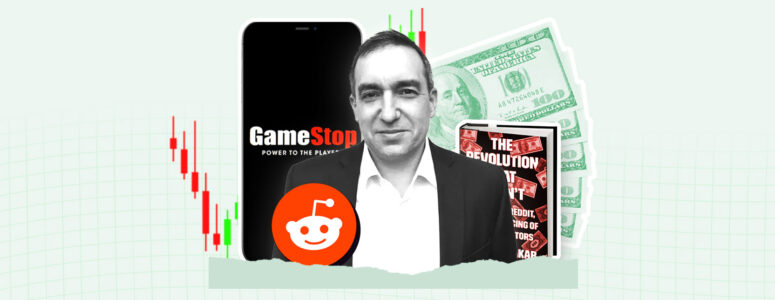 Author picture of Spencer Jakab next to his book and related graphics, including the Reddit and GameStop logos.