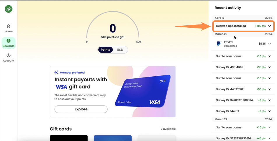 100-point reward for installing the Survey Junkie desktop app.