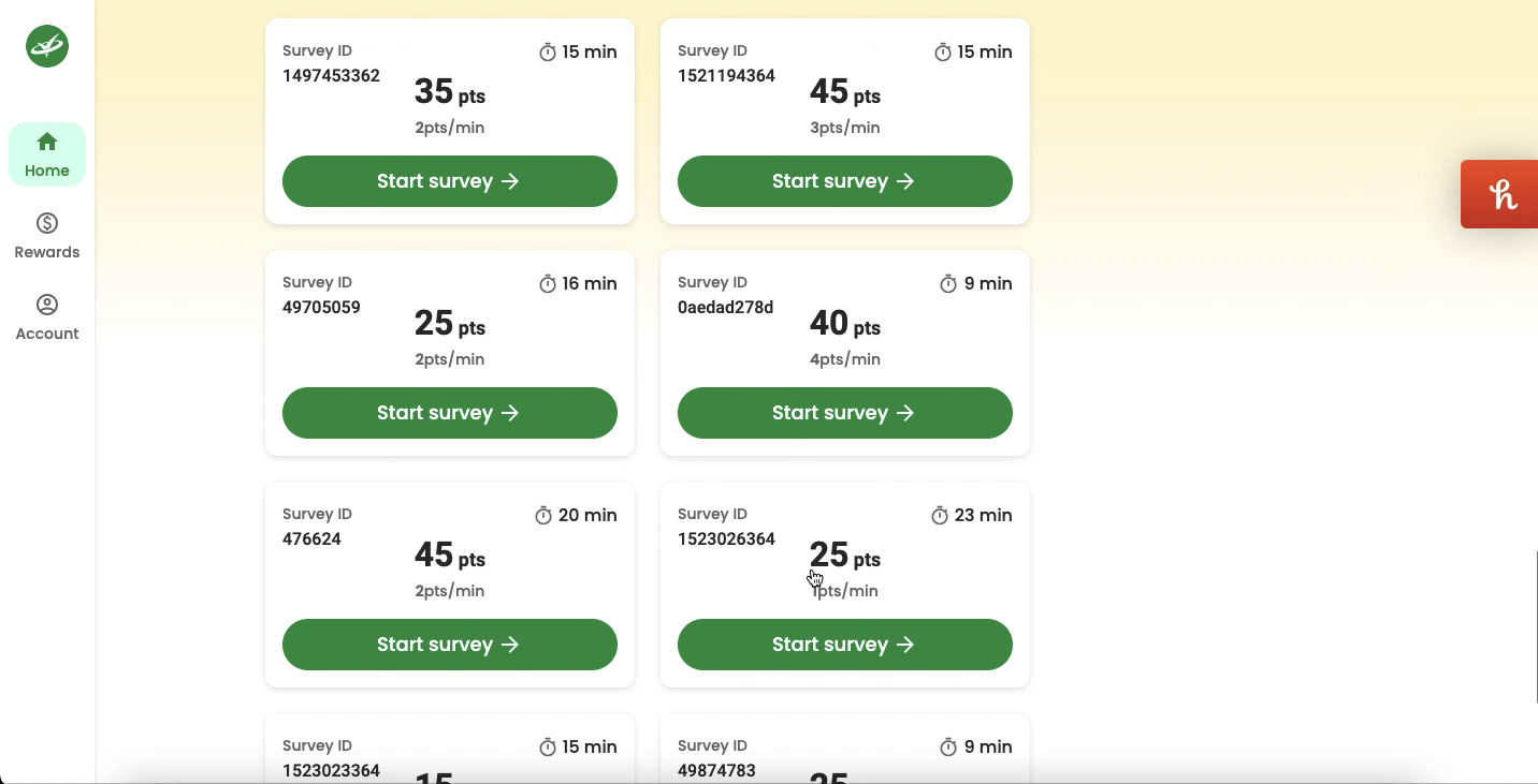 Viewing the survey selection on the Survey Junkie platform.