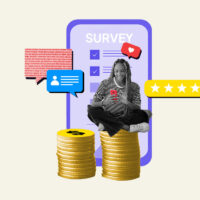 Woman sitting on a pile of coins next to a large phone representing her side hustle of taking surveys for money
