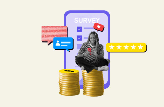 Woman sitting on a pile of coins next to a large phone representing her side hustle of taking surveys for money
